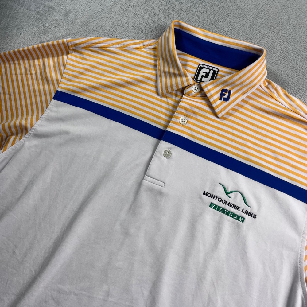 FootJoy Mens XL Athletic Fit Golf Polo Montgomerie Links Vietnam Yellow White